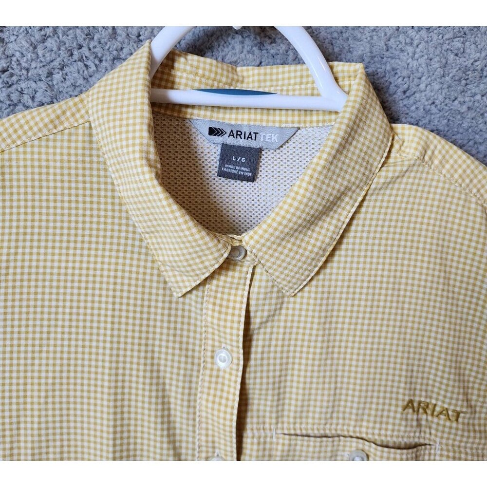 AriatTek Lightweight Long Roll Tab Sleeves Button Up Shirt Yellow Gingham Size L - Picture 2 of 13